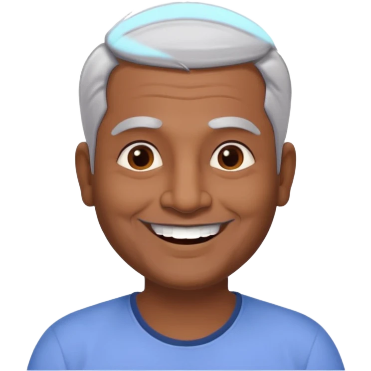 50 yr old indian man, dark skin, grey hair, big smile, white teeth, chubby, no moustache, clean shaven, young style hair, bindy, hair brushed back, stubble emoji