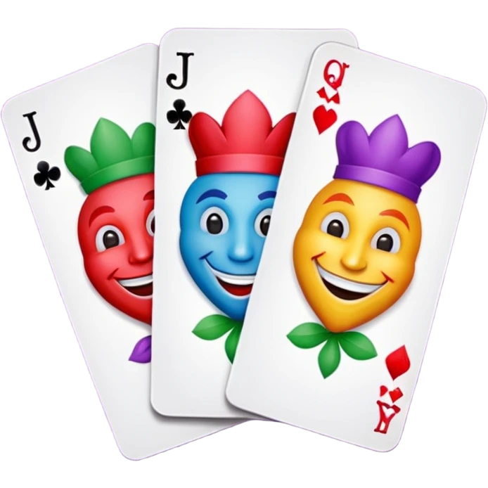 3 poker cards, with crazy colorful human jolly jokers inside, inversed face emoji