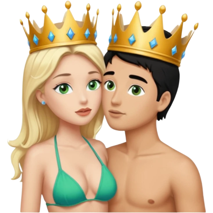 Blonde Queen with crownGreen eyes in Bikini kissing Male subject without crown black hair blue eyes Background Castle  emoji