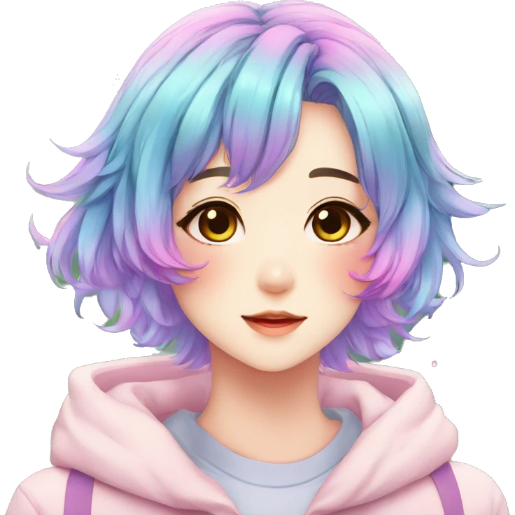 Gorgeous anime style shojo character with blushing face aesthetic and pretty colorful shiny gradient pastel hair with hair garment trending style emoji