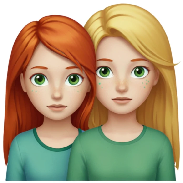Deux filles celle à gauche à les cheveux roux et la peau claire avec des tâche de rousseur et les yeux bleu vert avec un peu de toutes les couleurs la fille à sa droite est un tout petit peu plus petite à les cheveux blonds long il les yeux verts emoji
