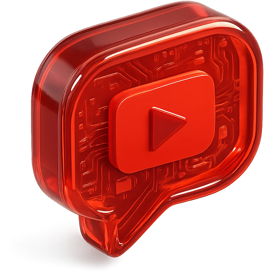 red speech bubble with a red YouTube play button, like a trophy, glossy circuit style emoji