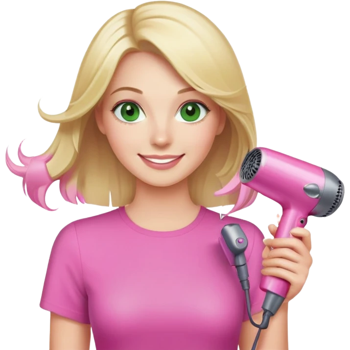 blonde woman with green eyes holding a pink Dyson hair dryer, smiling emoji