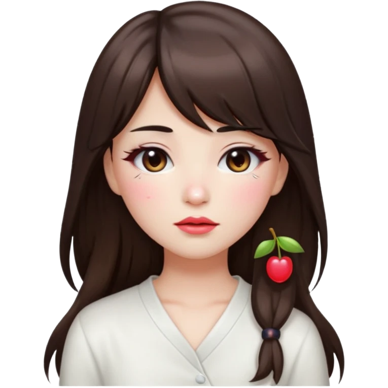 “japanese style Emoji brunette girl long hair with side bangs white top, dewy skin, heavy blush across cheeks and nose bridge, glossy cherry lips, soft eyeliner, teary sparkling eyes emoji