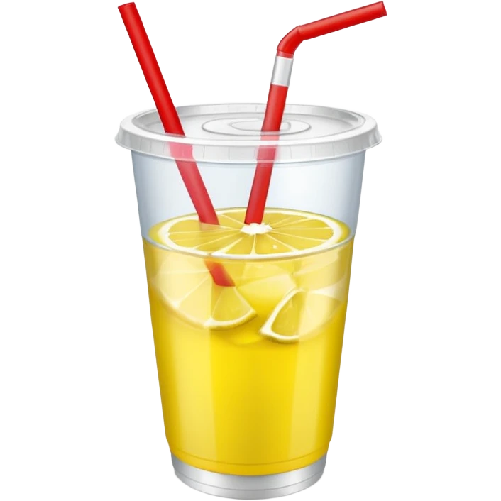 lemonade in a plastic cup without a lid and straw. the cup has a red label wrapped around emoji