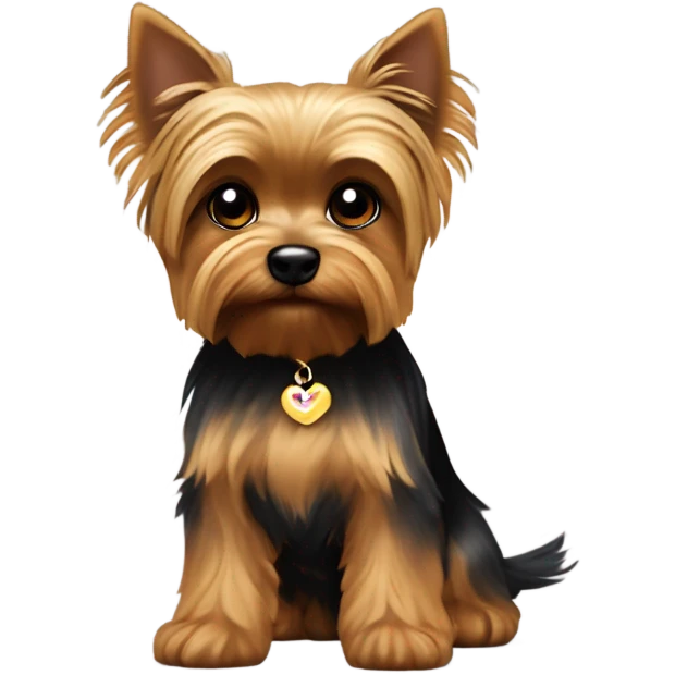 A small Yorkshire Terrier with a rounded head, perky triangular ears, large dark brown eyes, a small black nose, and silky fur in golden brown around the face and legs with black on the back, often styled with a top bow or hair tie emoji