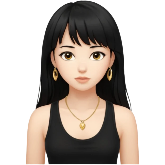 alrighht here’s just the person described for your emoji ai prompt:

> young woman, long black hair with bangs, soft expression, wearing a black tank top and gold necklace, confident pose, natural beauty, warm lighting on face, slightly tousled hair



lmk if u want it more detailed or stylized 🔥
 emoji