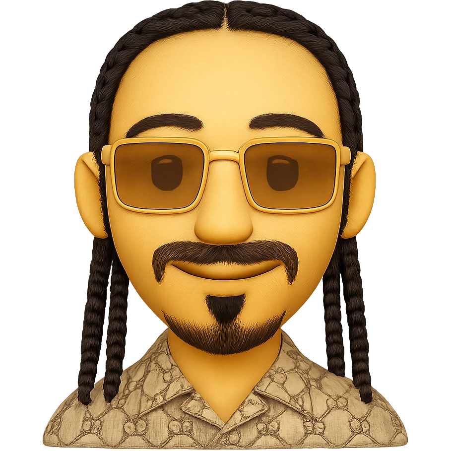 emoji of a smiley with a thin face, lighter skin, beard only on chin, mustache above upper lip, no hair under lower lip, detailed black braids, rectangular golden sunglasses, beige GG patterned shirt with visible collar, transparent background, match reference photo details closely emoji
