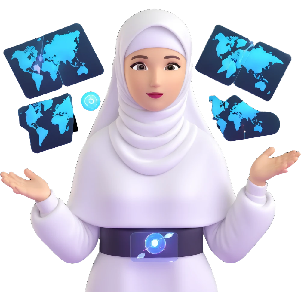 woman with white hijab interacting with holographic metaverse interfaces, augmented reality displays, virtual machine artifacts, digital world emoji