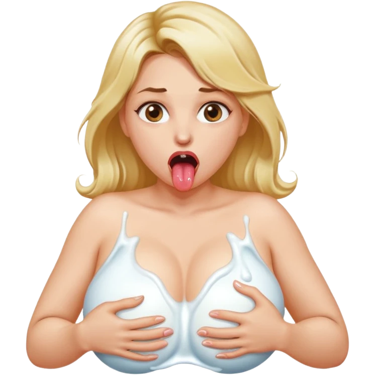 Make a bare skin woman, she has very massive breatss and big nipples dripping wet with milk her eyes rolled up, she opens her mouth to stick her tounge out with saliva. She has wet milk on her chest. emoji