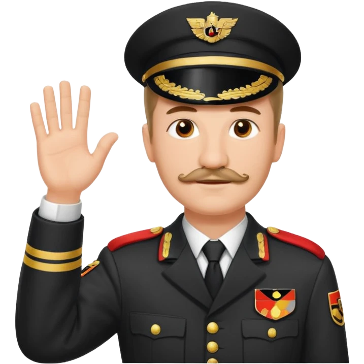 An image about an german with a small square like mustage with flat hair raising his hand in an german uniform with a red band attached to his arm emoji