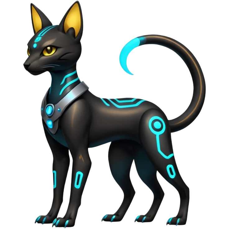 Futuristic Glowing shiny bioluminescent translucent dark cool handsome badass cyberpunk-cyborg-Bastet-Umbreon-Salandit-fusion (full body) emoji