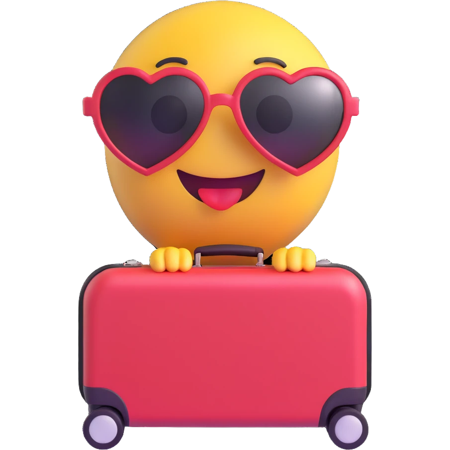 3D smiley emoji, nagy szempillás, bőrönddel, szívecskés napszemüvegben emoji