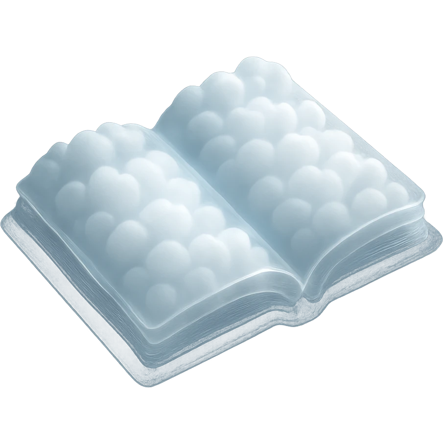 top view of a thick open book made entirely of small, very bright white fluffy convex clouds, matte glass style emoji