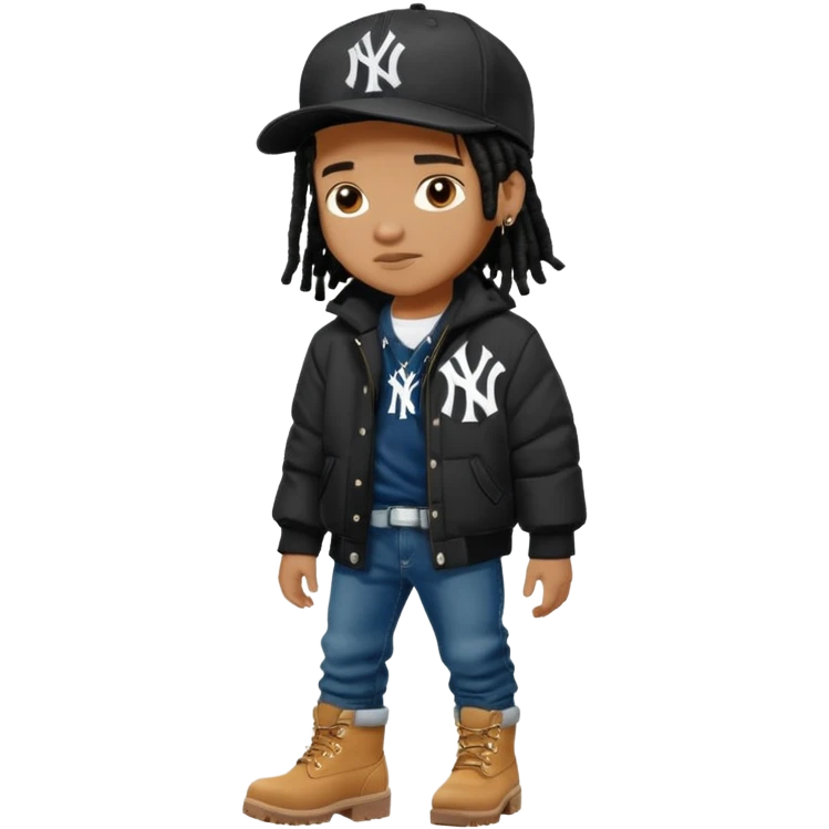 African American boy with short black dreadlocks wearing a black New York Yankees logo baseball cap wearing a black bubble winter coat wearing denim skinny jeans and timberland boots emoji