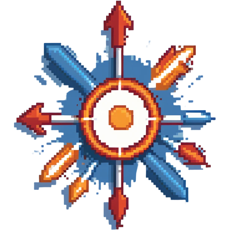 Bomb range power-up sprite, 64x64 pixels, explosion with red and orange arrows extending outward in four directions, target/bullseye design, vibrant red/orange color palette, clean pixel edges, recognizable icon that represents increased blast radius emoji