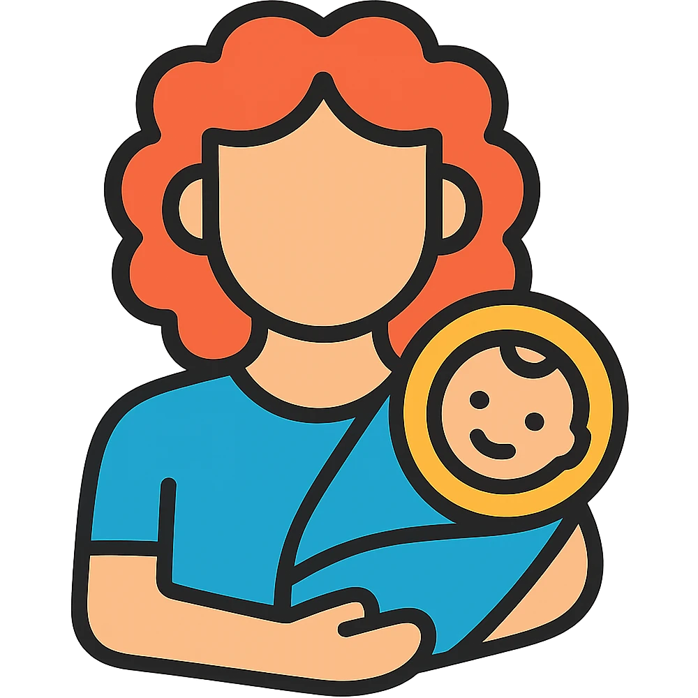Woman with curly red hair holding a baby, wearing blue clothing, color outline style, no background. emoji