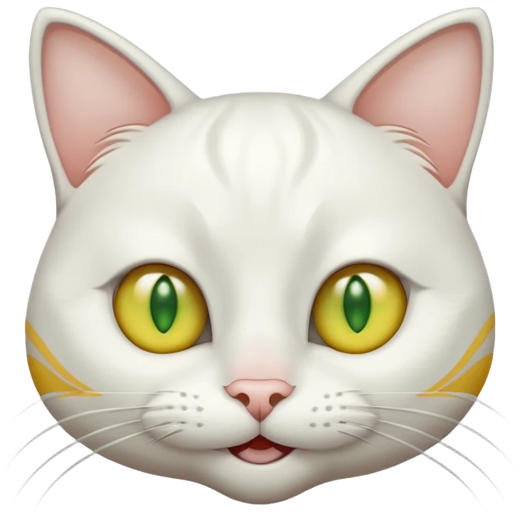 Realizar emoticonon de gato blanco con tonos gris claro solo carita sonriendo muy feliz ojos grandes de color verde con amarillos sus hijos  y bigotes largos  emoji