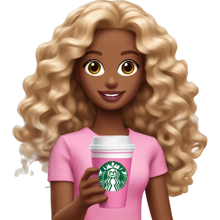 Barbie girl with brown and blonde Omni long curly hair holding Pink starbucks refresher emoji