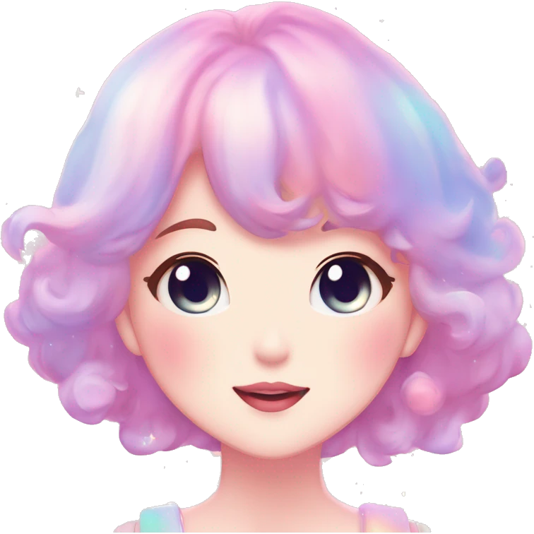 Gorgeous pastel anime style lady blushing nebula-gradient-sparkle face dreamy idol model colorful shiny stars galaxy kawaii cottagecore pearly petite simplistic aesthetic trending style emoji