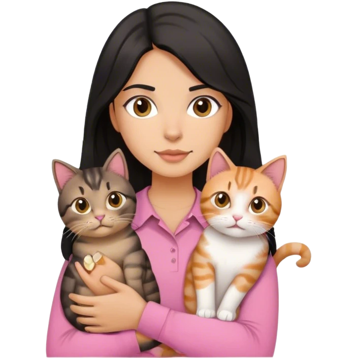 The long, slightly wavy black-haired girl wearing a pink shirt is holding two tabby cats. emoji