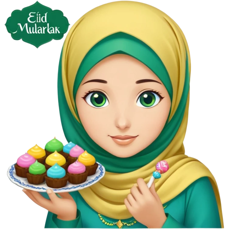 Turkish beautiful finish Konya girl blue eyes with green emerald yellow hijab islamic dress and had on her hand text Eid Mubarak with sweets and celebrating with her friends eid days   emoji