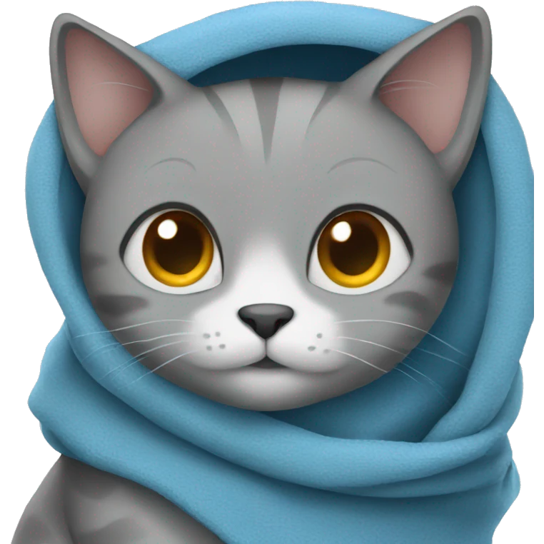Gray cat is sitting and wearing blue blanket emoji