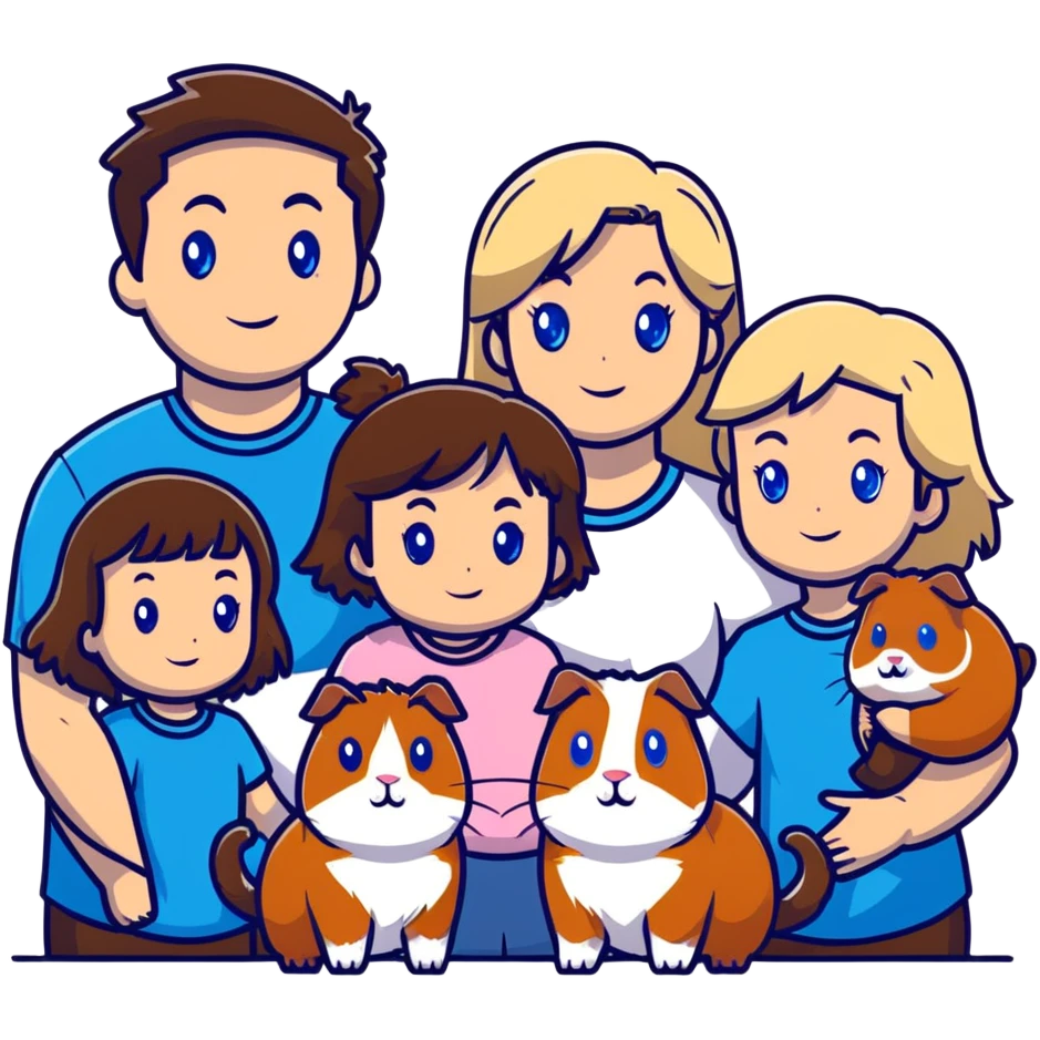 Family portrait with father with dark brown hair and blue eyes, mother with light brown hair and blue eyes, three blonde little girls with blue eyes, plus a cat and two guinea pigs emoji