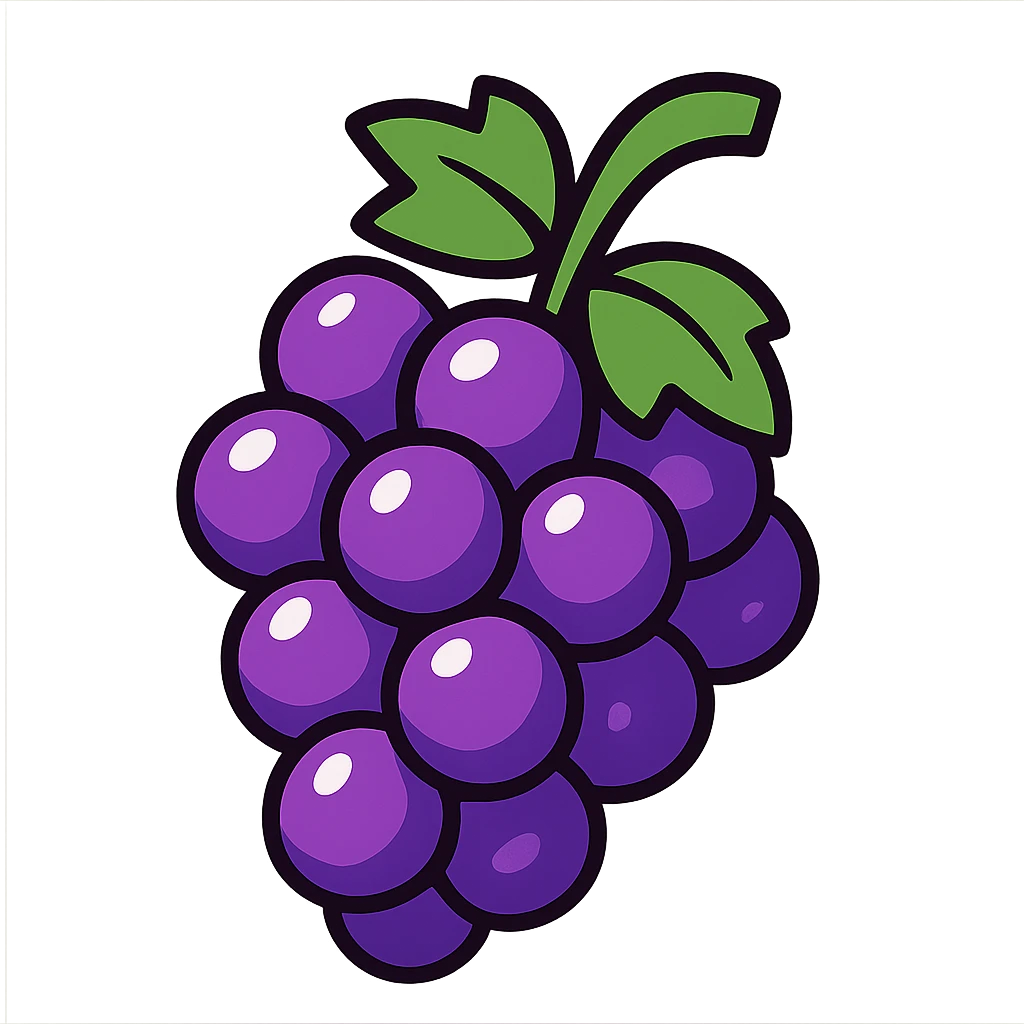 purple shiny grapes on a cluster, cartoon style emoji
