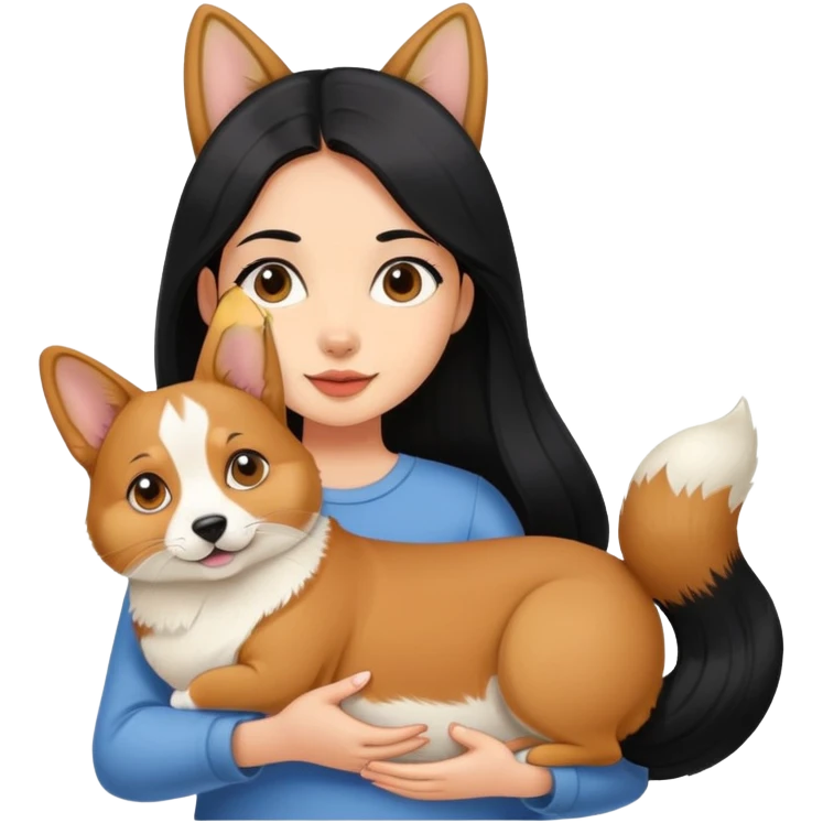 The girl with long black hair holding a corgi and a Abyssinian cat emoji