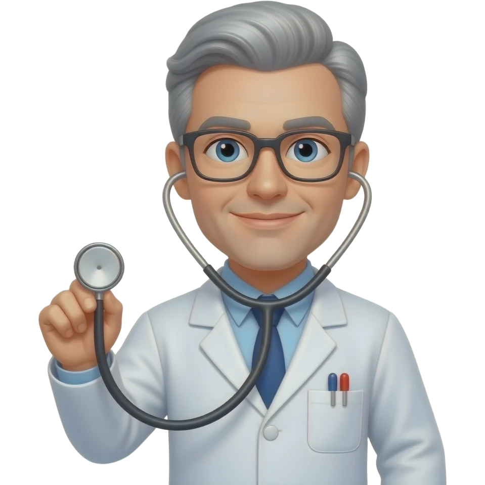 male doctor grey hair glasses holding stethoscope left handed emoji