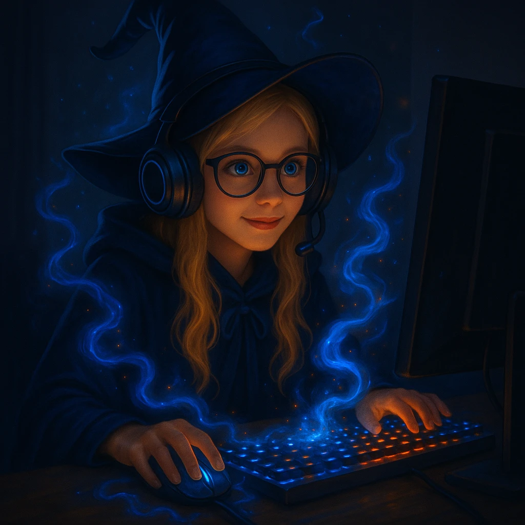 Make the girl wizard have blond hair, blue eyes, and a dark blue outfit. She is a gamer sitting in front of a computer with glowing magical effects, wearing a wizard robe and gamer accessories. Emphasize the magical and gaming elements. emoji