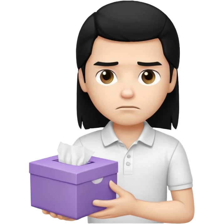 generate a pretty bratz boy with long black hair, wearing a white polo shirt. Looking sad, holding a box of tissues in right hand emoji