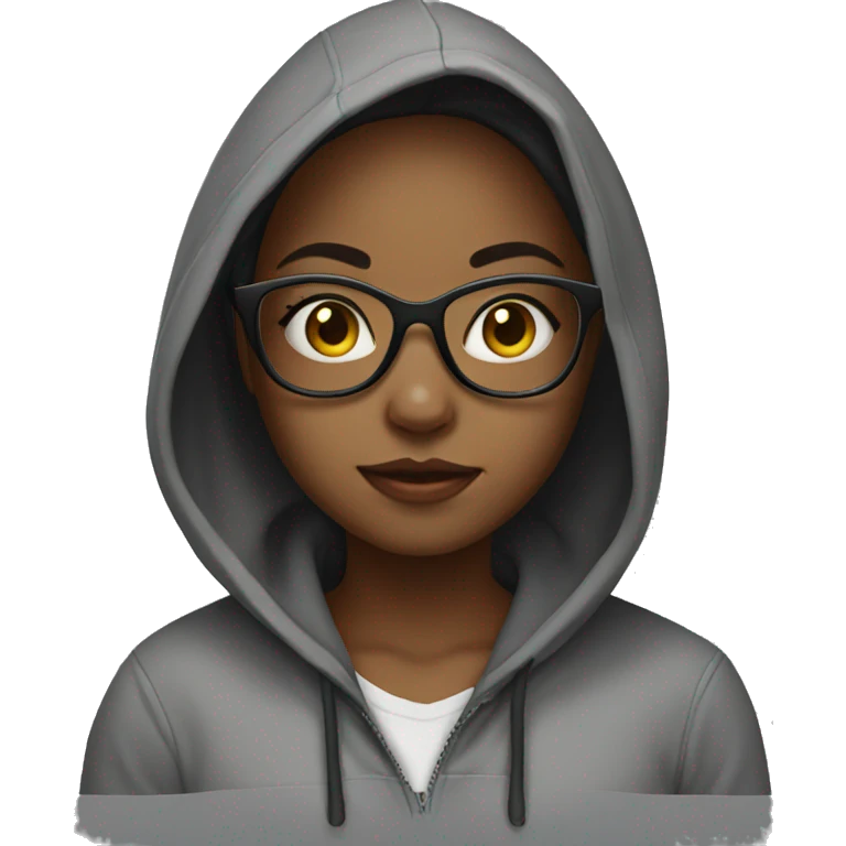girl wearing hoodie with glasses, eyes black emoji