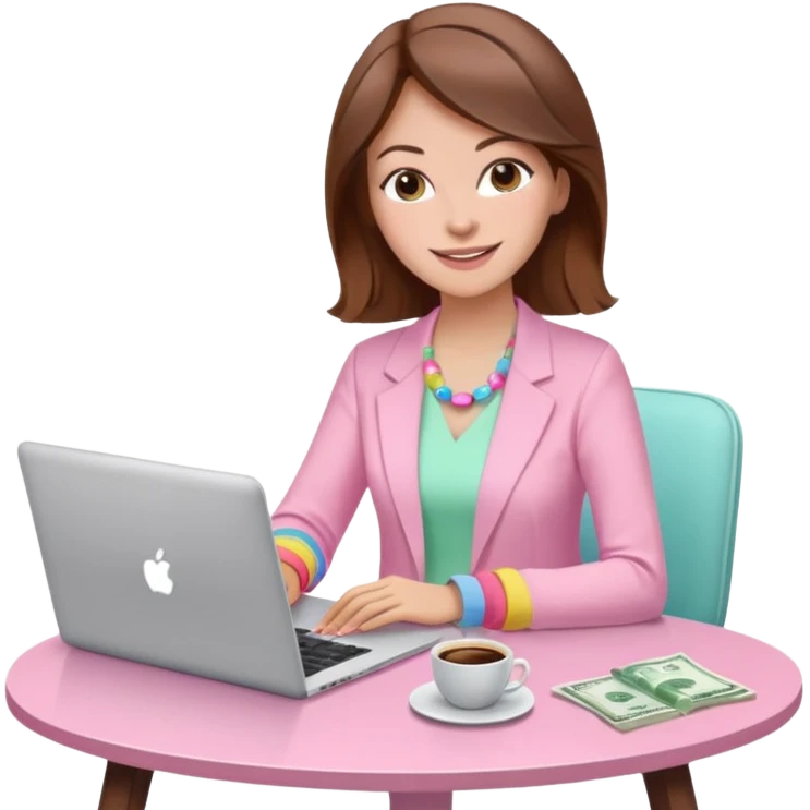  woman character with laptop and coffee relax table, dollars are floating, colorful pastel pink outfit, white laptop, brownn hair, fair skin,  emoji