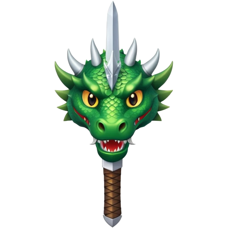 fierce stylized green dragon head with clear simple details, medieval sword with classic hilt and wide sharp blade above, transparent background emoji