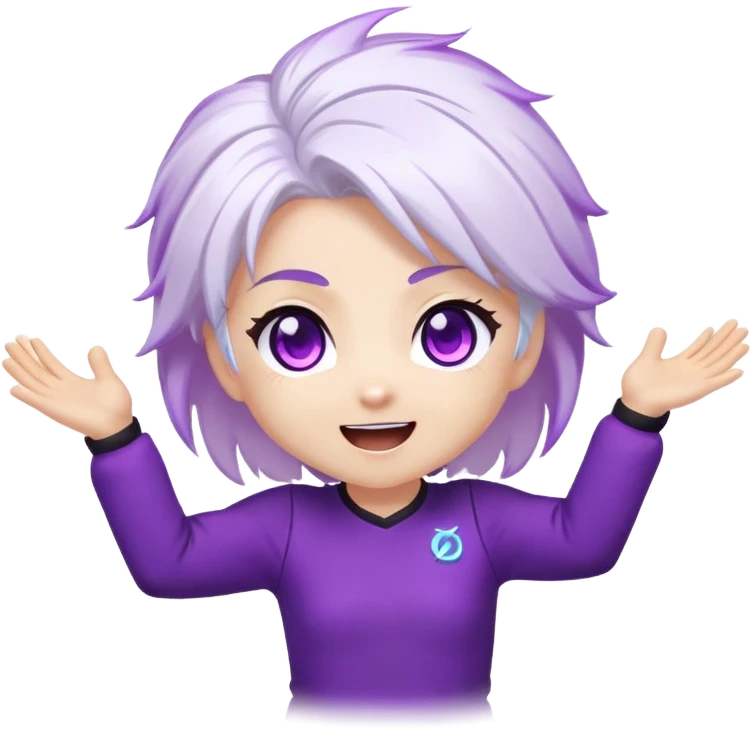 Chibi Sable Ward with excited hype expression, both arms raised high, eyes shining, white hair with purple streaks, fully purple eyes, energy effect around her, extremely excited emoji