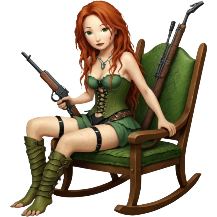 cinematic realistic ultra HD very old and tired Tori Amos casually crouches on a rocking chair in a torn corset, holding a double-barreled rifle and with muddy barefoot - a big snake wrapped itself around the chair emoji