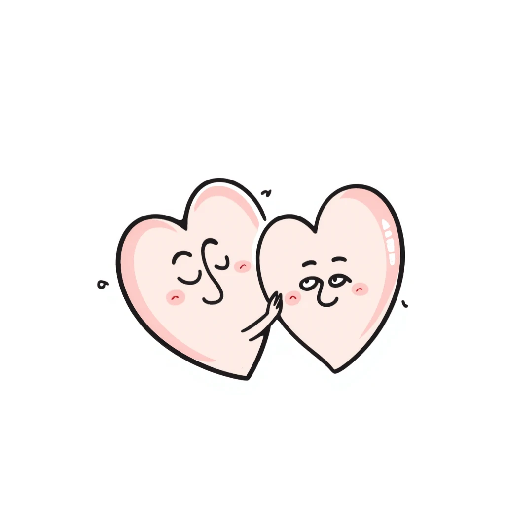funny children's doodle of two hearts hugging, cute faces, pastel colors emoji