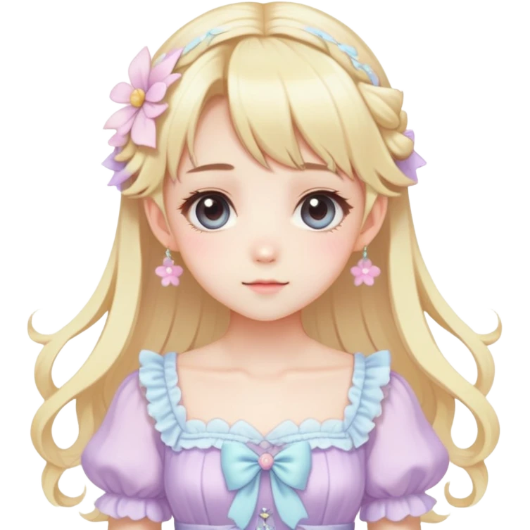 cute kawaii anime pastel lady with blonde hair, wearing a gorgeous dress, fairycore cottagecore style, highly detailed, trending aesthetic emoji