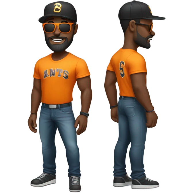 Muscular Black man in shades with a beard, mustache, and orange tee shirt with baseball cap. emoji