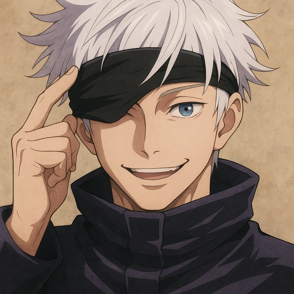 Gojo Satoru, blue eyes revealed, playful smile, anime style emoji