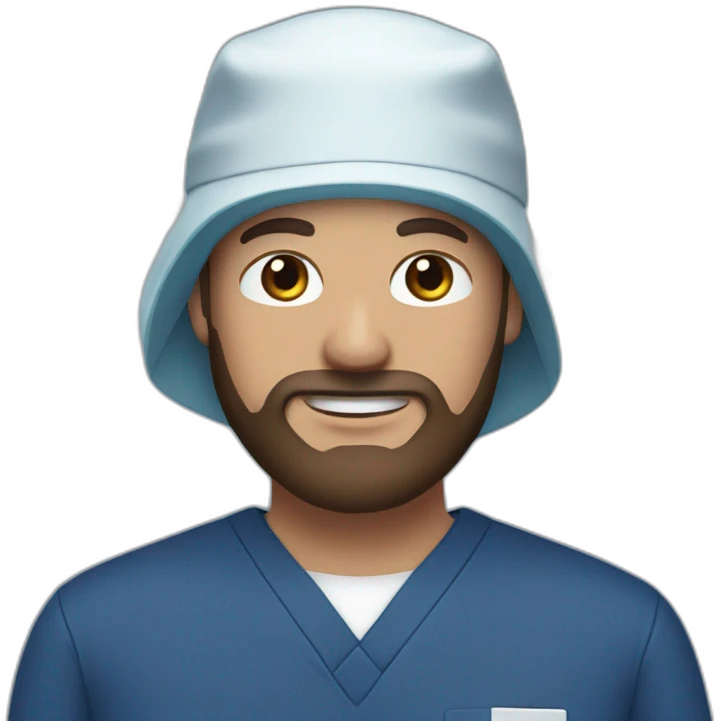 White man with brown beard and brown eyes wearing a surgical cap and mask with navy blue scrubs emoji