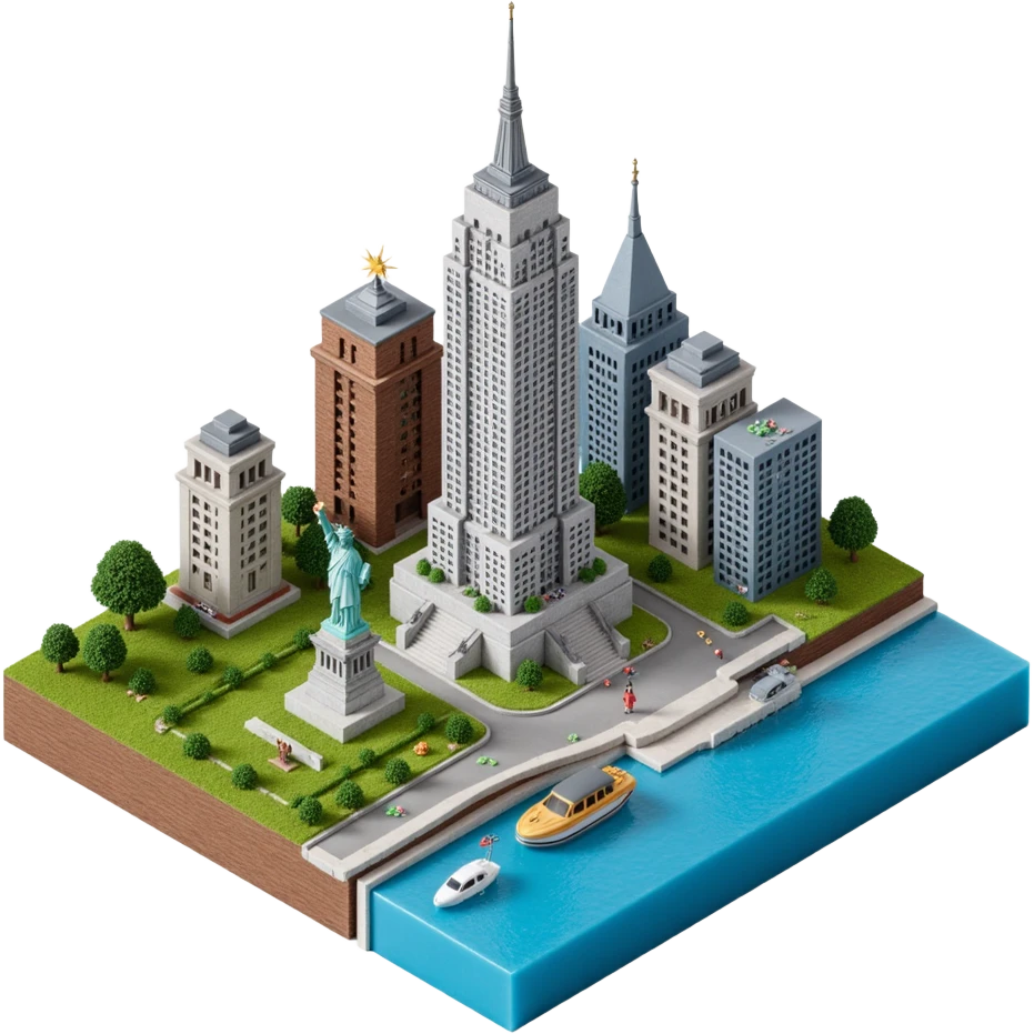 Photorealistic Isometric miniature of New York Сity Empire State Building, Chrysler Building, One World Trade Center, Statue of Liberty, Brooklyn Bridge and another skyscarappers emoji