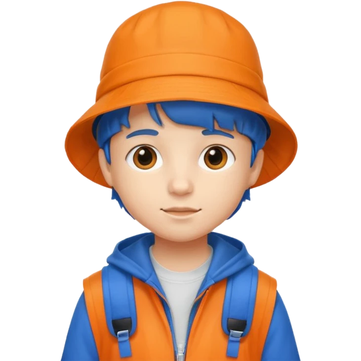 A little student with bucket hat, orange jacket, blue backpack emoji