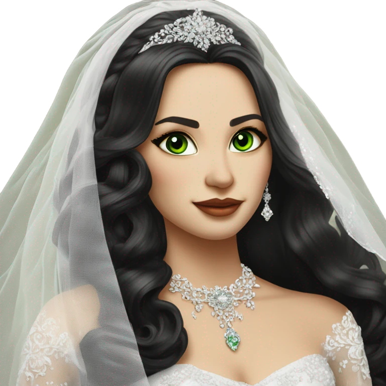 Hyper Realistic ornate ballgown long sleeve Wedding dress with diamanté on Russian bride with light skin and green eyes and long black hair with veil hyper realistic  emoji