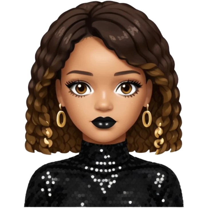 Rihanna with dark brown hair, black sequin outfit  emoji