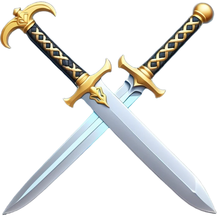 Clash of Clans aesthetic: Cinematic Playful Sword Emoji, rendered in a 3D vector-style similar to standard emojis with minimal shading and bold, simplified shapes. A compact, isometric blade with a gleaming, intricately designed hilt and a razor-sharp edge, softly glowing with a heroic, battle-ready charm. Simplified yet unmistakably iconic, highly detailed and consistent, glowing with a soft radiant brilliance and high shine. Stylized with a touch of medieval finesse and a soft glowing outline, capturing the essence of a legendary sword with a friendly, playful vibe! emoji