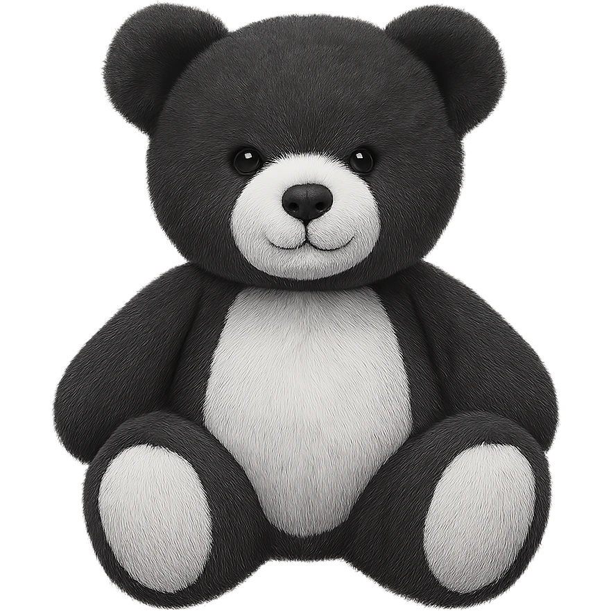 Change the teddy bear's fur to black and white, keep it soft and plush, no shadows, flat lighting, no background. The style should maintain the look of the original teddy bear image. emoji