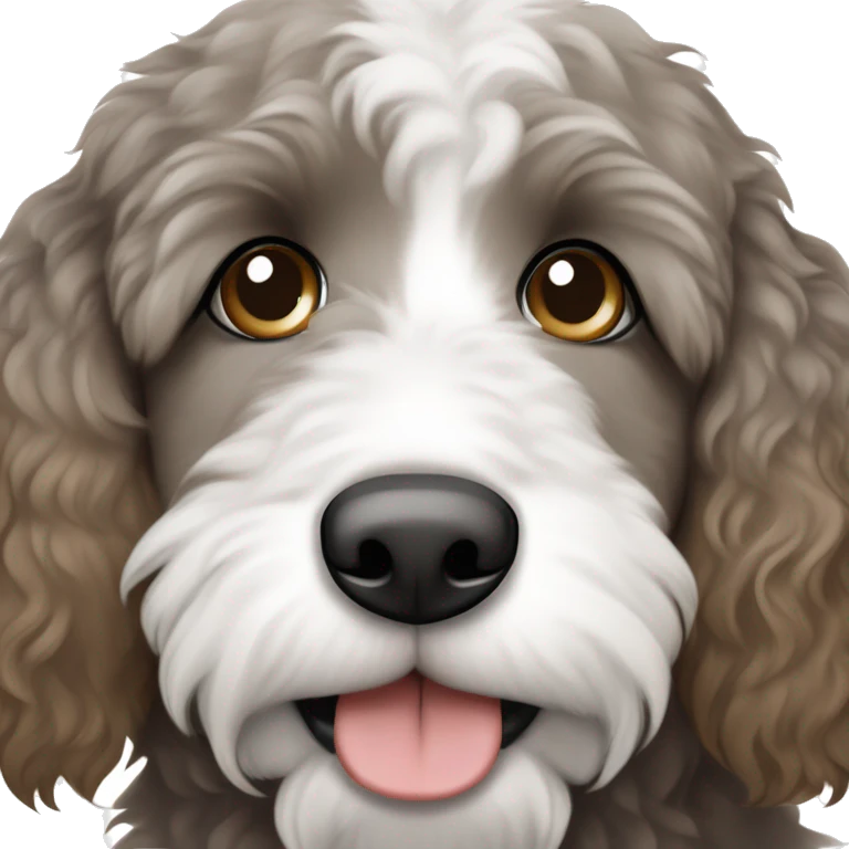 Grey brown and white bernedoodle, one blue eye and one brown eye emoji